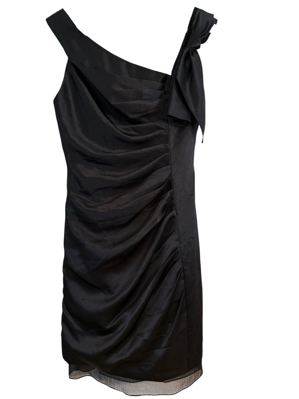 Vera Wang White Cocktail Dress Black Shoulder Bow Ruching Size 4